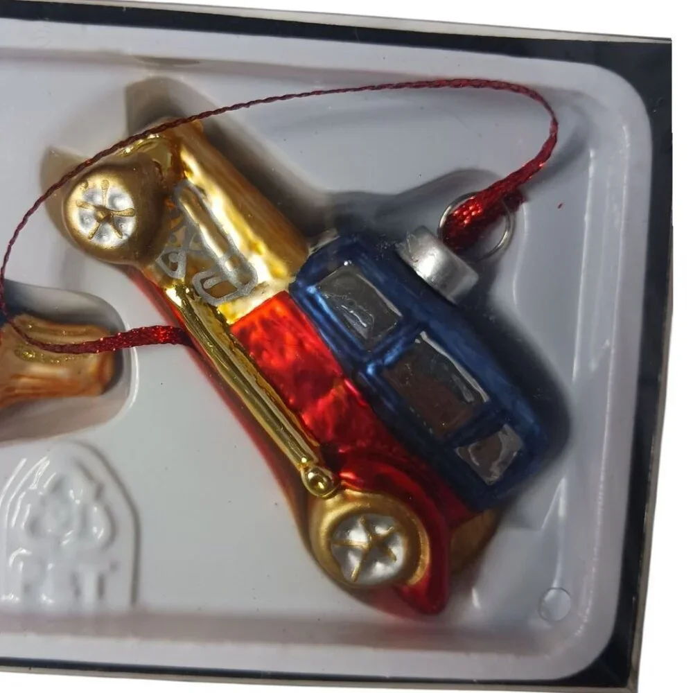 Ikea Glass Bird & Car Christmas Ornaments Set With Red Ribbon Set of 2